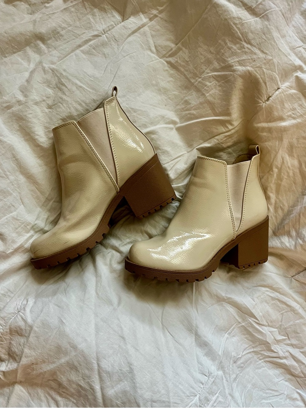 Soda Cream Chelsea Block Heel Ankle Boots with Brown Lug Sole